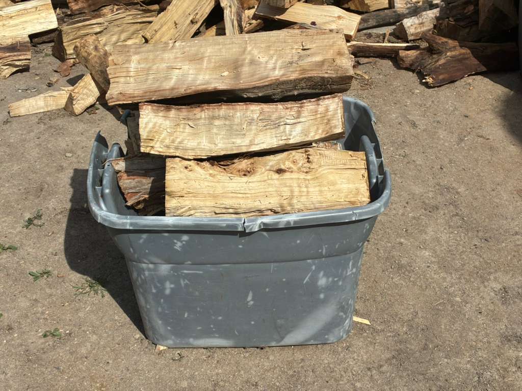 Sturdy bucket filled with bundles of seasoned softwood firewood, $25